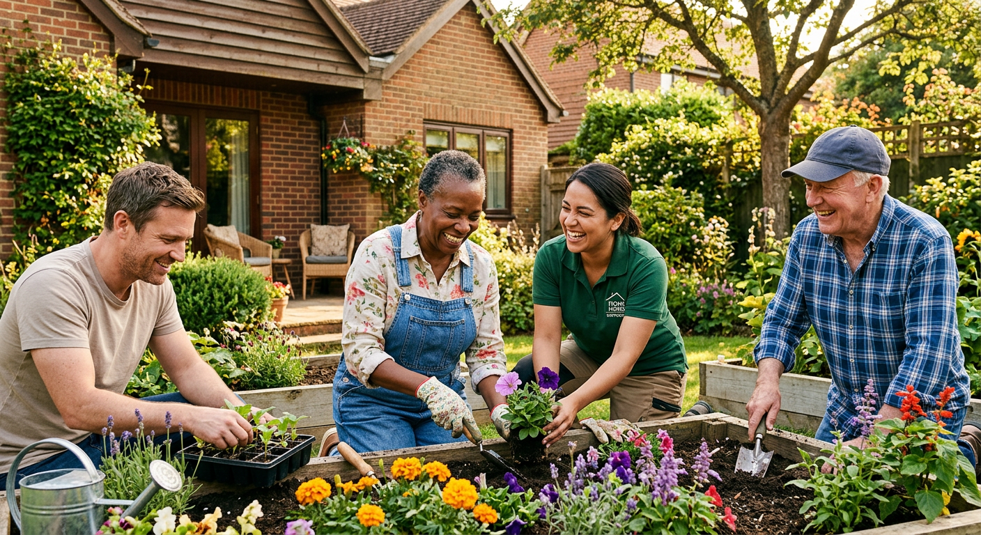 Residents and staff gardening together in the backyard