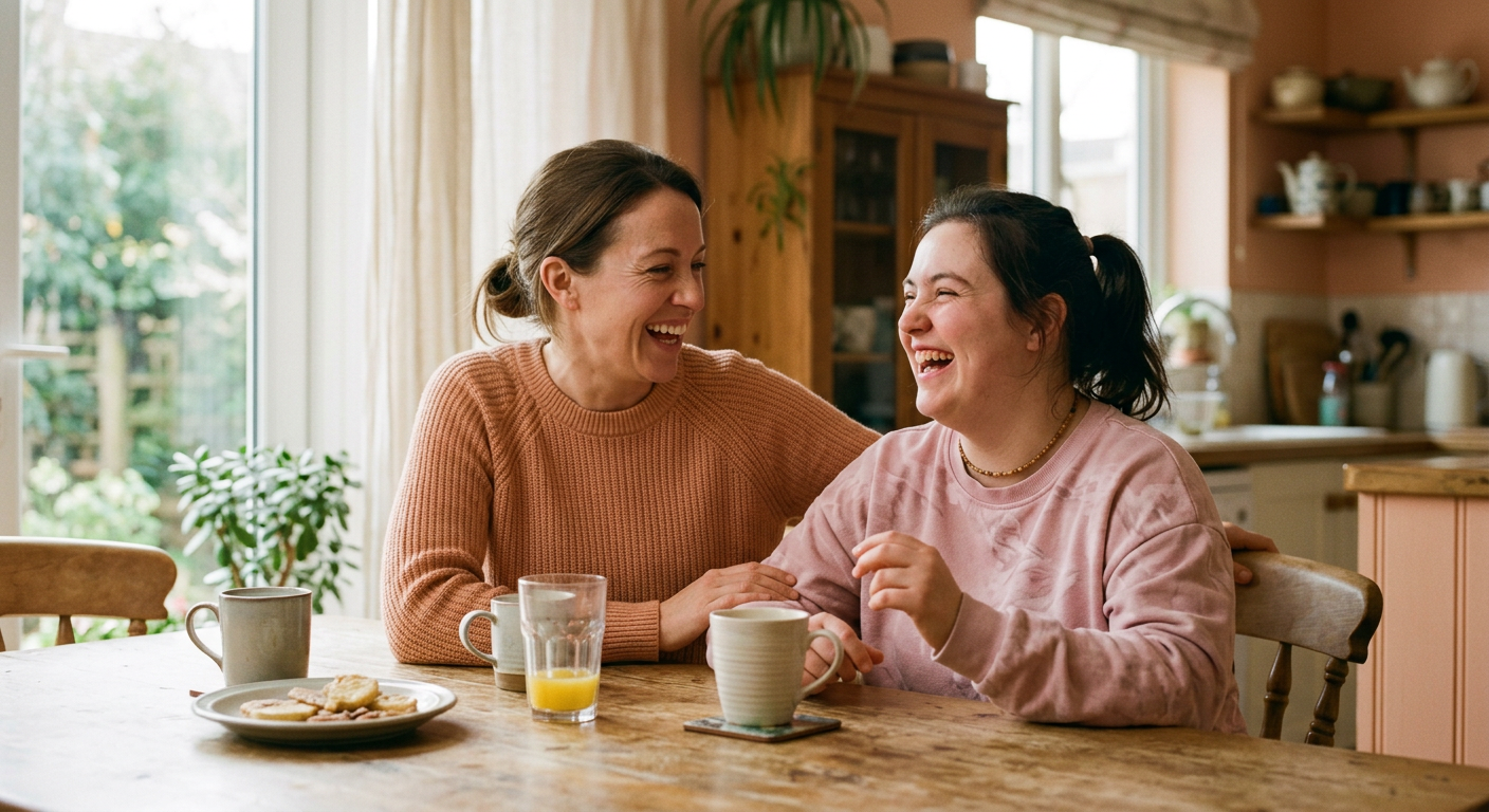 A caregiver and resident sharing a laugh at the kitchen table